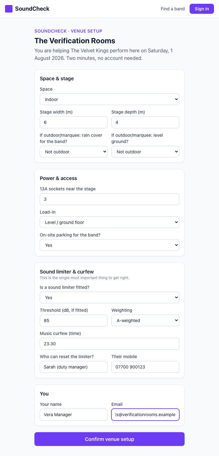 The 16-input tokenised venue form, filled