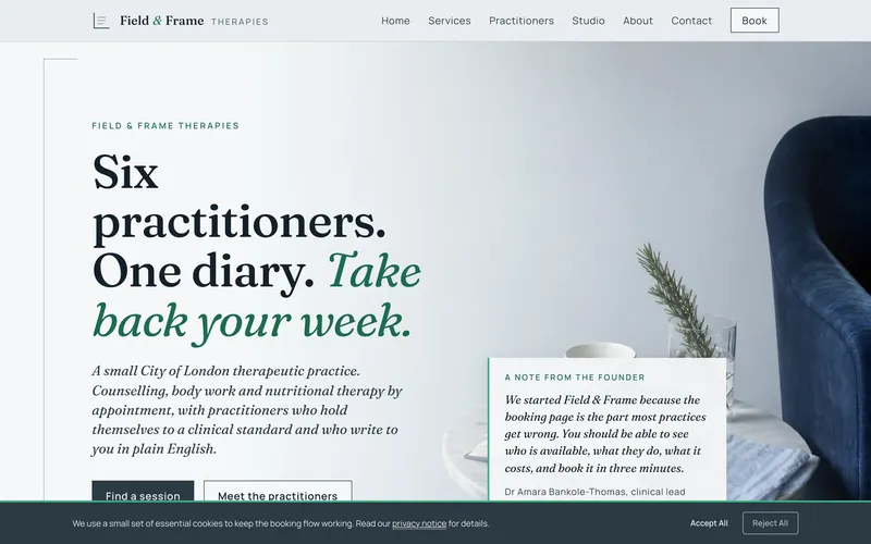 Field & Frame Therapies homepage screenshot