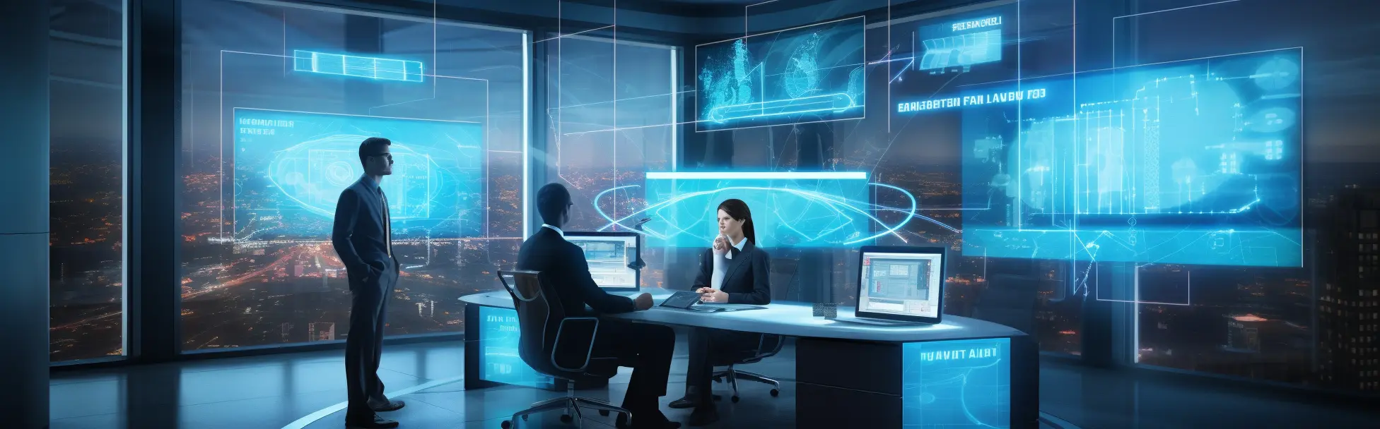 A high-tech digital consultation room with futuristic holographic displays showing various data visualizations. The room overlooks a sprawling cityscape at night, and includes three professionals: one standing and two seated at a modern desk, engaged in a strategic discussion.
