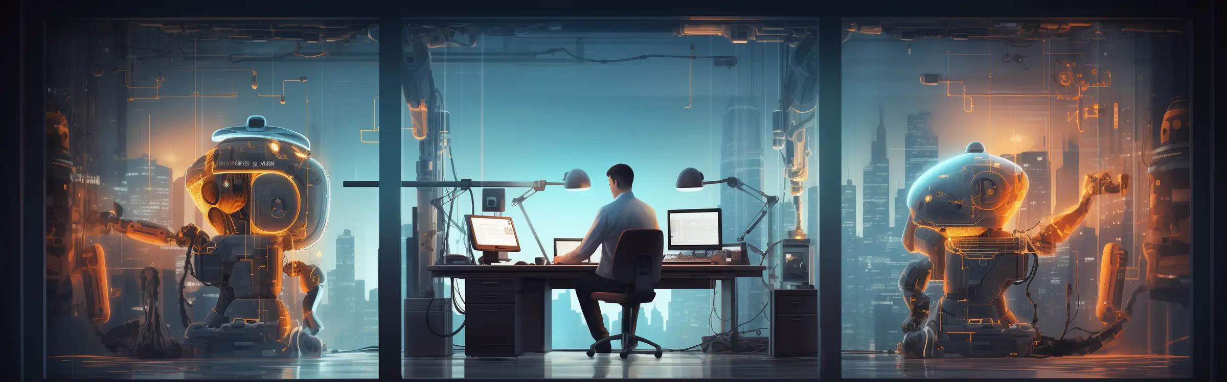 Futuristic office with a person at a computer flanked by two large robots, symbolizing advanced business automation against a city backdrop at dusk.