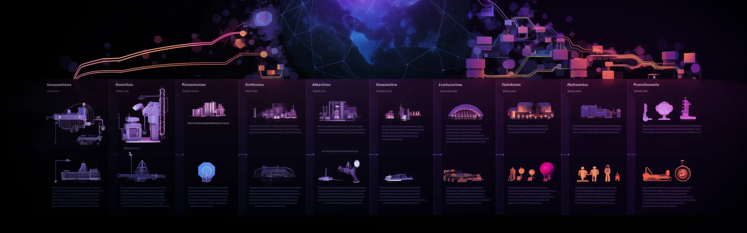 An informative graphic with a dark background, showcasing a timeline of technological progress across various categories. The timeline is depicted with interconnected lines and nodes, emphasizing the evolution and interconnection of different technologies. Each category is represented by vibrant purple and pink illustrations and accompanied by a brief description in white text.