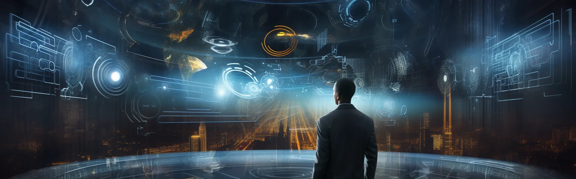A panoramic image of a man viewed from behind, overlooking a futuristic digital interface with holographic displays, including various technological and scientific diagrams, against a backdrop of a cityscape at night.